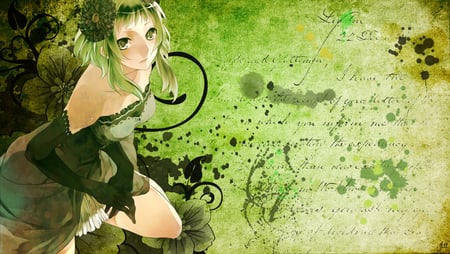 Green Letter - beauty, nice, sexy, hot, girl, female, anime girl, abstract, pretty, beautiful, anime, green, sweet, cute, flower, dress