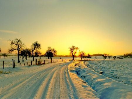 Road_to_Heaven - snow, winter, tree, sunset, road