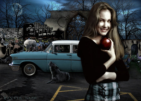 Riding_in_the_Hood - apple, wolf, car, moon, girl, night