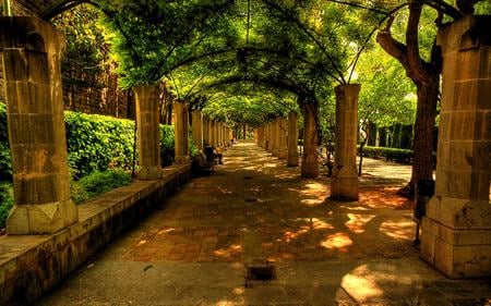 Beautiful Place - beauty, trees, people, peaceful, bench, view, pretty, architecture, green, sunny, grass, relax, spain, park, summer, lovely, nature, beautiful, alley, leaves, city