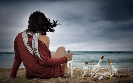 Waiting - waiting, pretty, female, she, legs, sand, hope, message, bottle, hot, letter, beauty, colors, hair, wind, hands, scarf, nature, model, sexy, beach, bikini, view, sky, bottles, clouds, water, starfishes, beautiful, sea, girl, lovely, ocean, messages, starfish, miss you, woman, waves, sands, peaceful