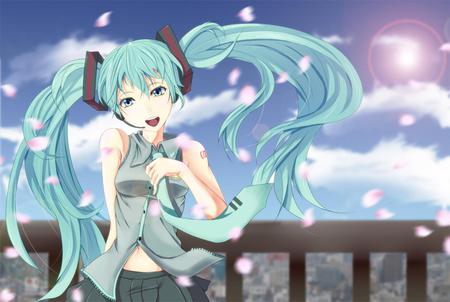 Hatsune Miku - tie, pretty, light, uniform, headphones, nice, voclaoid, program, beauty, virtual, white, cute, song, anime, twintail, hatsune miku, microphone, music, aqua, sky, sun, idol, clouds, anime girl, skirt, beautiful, singer, girl, cool, black, glow, miku, awesome, diva, hatsune, vocaloids, headset