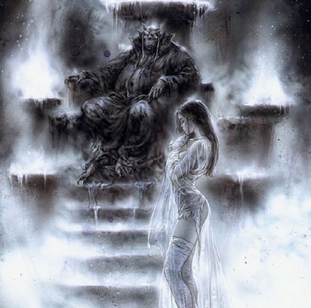 Before the Prince - abstract, female, blue prince, artwork, beautiful, luis royo, girl, fantasy, throne