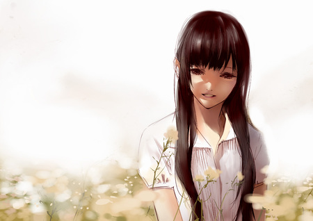 Anime girl - long hair, anime girl, black hair, black eyes, flower