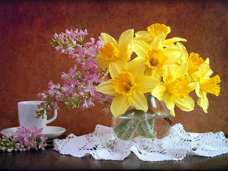 yellow flowers - still, vase, water, yellow, flower, flowers, nature, glass, cup