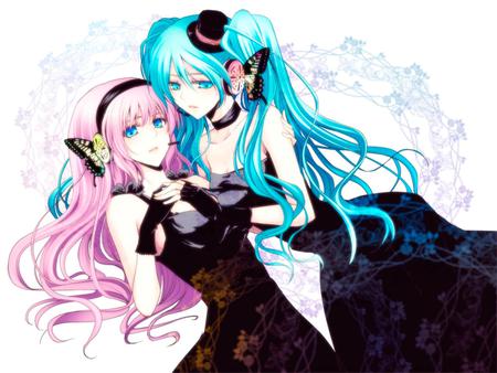 Magnet - aqua, hot, headset, thighhighs, music, anime girl, white, cool, aqua eyes, sing, hatsune miku, sexy, song, vocaloids, program, butterfly, formal, vocaloid, pink, beautiful, diva, dress, beauty, nice, hat, twintail, singer, aqua hair, black, virtual, magnet, pretty, top hat, megurine luka, idol, anime, miku, cute, megurine, luka, black dress, girl, pink hair, hatsune, microphone, headphones, awesome