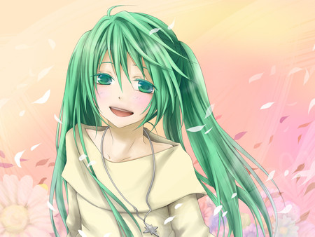 Hatsune Miku - aqua, music, anime girl, white, cool, petals, aqua eyes, hatsune miku, song, vocaloids, program, sakura, beautiful, vocaloid, pink, diva, nice, beauty, twintail, singer, aqua hair, path, virtual, pretty, idol, sakura petals, anime, miku, cute, girl, walking, hatsune, awesome, smile, flower