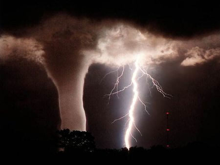 Lighting vs Tornado - storm, clouds, lightening, tornado, night, sky