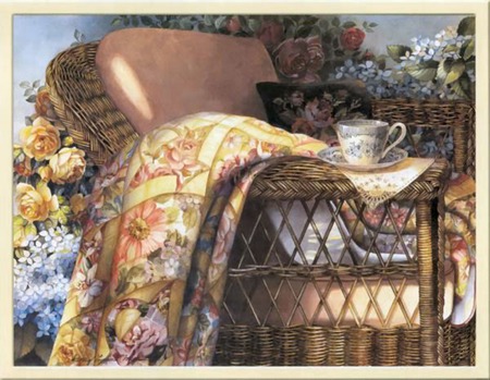 my little world - drink, flowers, quilt, napkin, pillow, cup, chair