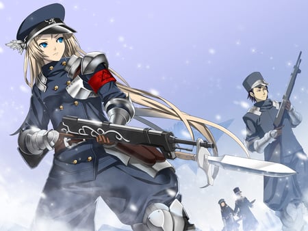 Pixiv Fantasia war - hat, gun, snow, pixiv fantasia, weapon, gloves, uniform, blue eyes