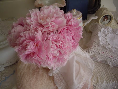 peony and lace - pink, beautiful, lace, peony, still life