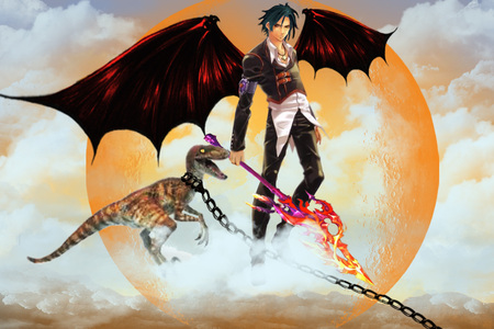 Dino Tamer - clouds, moon, warrior, orange, raptor, male, cg, chains, mist, wings, black hair, spear, mountains