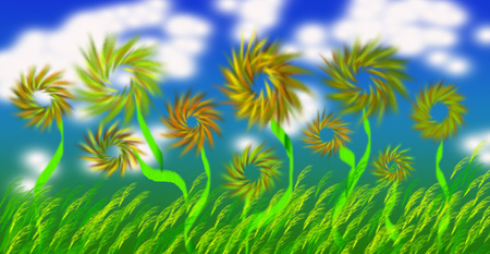 The Abstract Garden - sunflower, field, simple, bright, yellow, clouds, blue, grass, flower