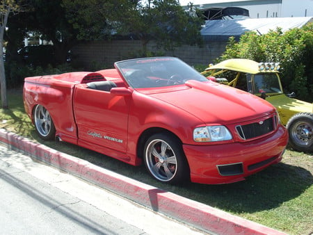 CUSTOM FORD CONVERTIBLE TRUCK - cool, convertible, custom, hot, lowered, ford, outside, orange, truck