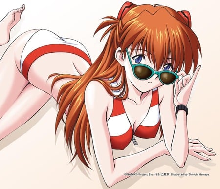 Asuka Langley Soryu - pretty, asuka, long hair, red hair, evangelion, sun glasses, asuka langley soryu, bikini, swim suite, cute, neon genesis evangelion