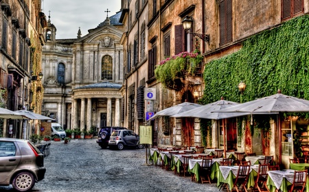 Good Morning,Rome - pretty, cars, cafe, terrace, flowers, streets, good morning, house, lanterns, city, beauty, colors, architecture, chair, nature, green, italy, umbrellas, alley, italia, chairs, cafes, old, view, houses, sky, beautiful, windows, table, morning, buildings, lovely, rome, street, roma, colorful, peaceful