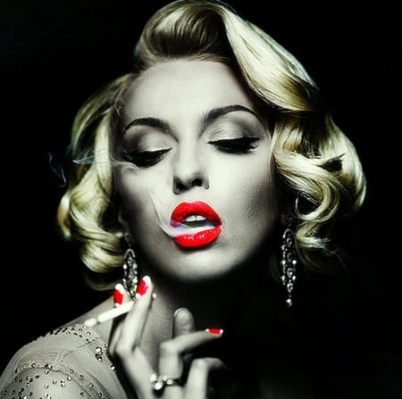 Elegant Woman - woman, female, zigarre, blond, red lips, smoking, elegant