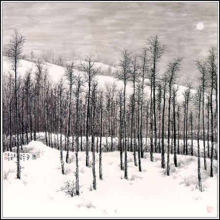 Wu Yung Le-The Chilly Moon - snow, moon, trees, sky