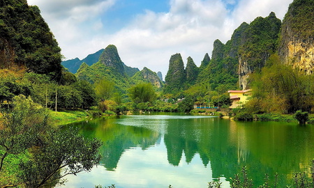 reflection river - sky, mountain, trees, landscape, water, nature, reflection, river, clouds, green, rock