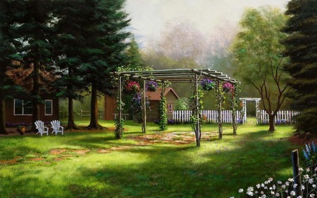 Back  yard   arbor - flowers, gate, arbor, chairs, yard, fence