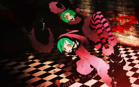 anime - yellow eyes, 2 girls, green hair, pink