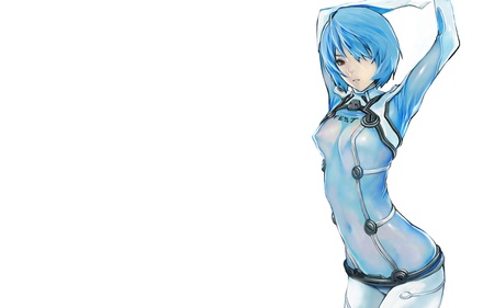 NGE - ayanami rei, blue suit, ayanami, white, blue hair, rei, neon genesis evangelion, suit, nge, blue, background white background