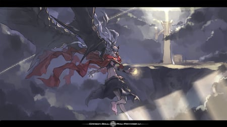 Pixiv Fantasia crmson soul - clouds, long hair, wings, gray, pixiv fantasia, white hair, horns