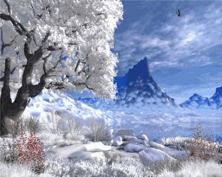 winter lake - lake, winter, mountains, tree, time