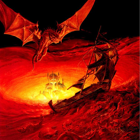 Red Sea of Fire - danger, dragon, fire, red, ship, sea, turmoil