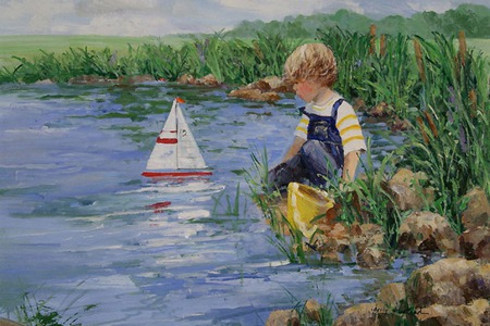 sailboat - childhood, boy, sailboat, pond, grass, rocks