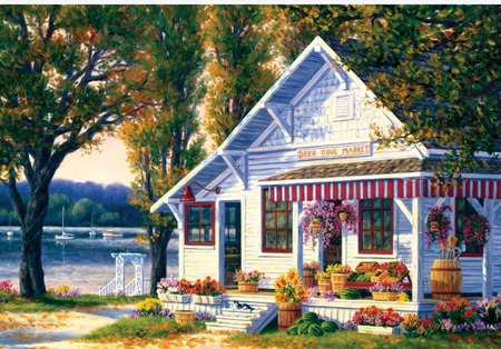 lake side  market - flowerpots, lake, cove, trees, porch, painting, nature, store, house, flowers, grass, boat