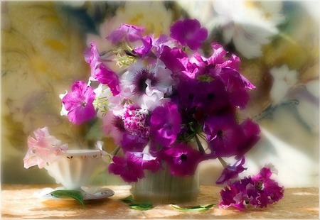 purple blossom - table, flowers, flowerpot, cup