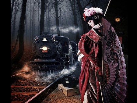 Orient Express - tracks, trees, hot, girl, clock, dark, oriental, train, red