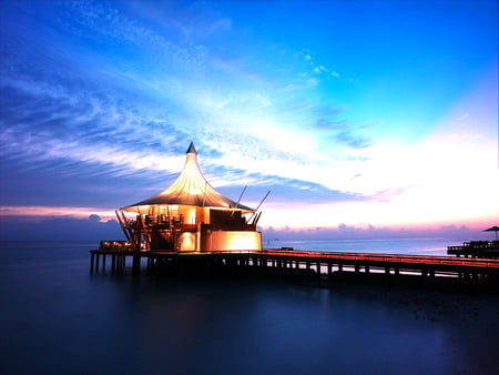 Maldive Island at night - maldive island, lights, reflected, place, blue sky, sea