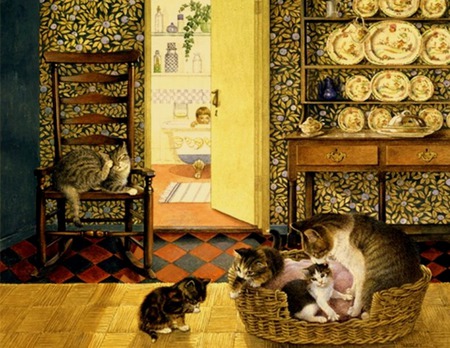 Basket Of Love - felines, kittens, chair, plates, door, cats, table, basket, bed