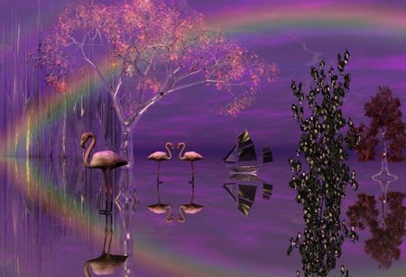 CRYSTAL LAND - fantasy, swans, sail boat, rainbow, purple, crystal, tree