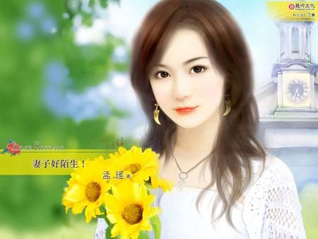 chinease girl - chinese, girl, yellow, sun flower