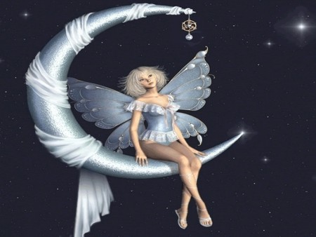 THE MOON FAIRY - moon, female, silver, wings, fairy, night, stars, sky