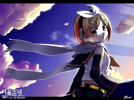 A Light is Coming - clouds, pretty, anime, beautiful, girl, light, kagamine rin, woman, cute, sky