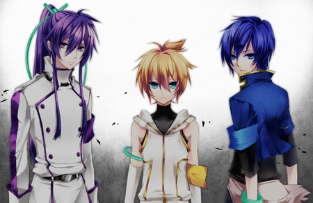 Vocaloid - anime, vocaloid, kagamine len, blonde hair, long hair, male, short hair, music, kaito, kamui gakupo, blue hair, purple hair, blue eyes