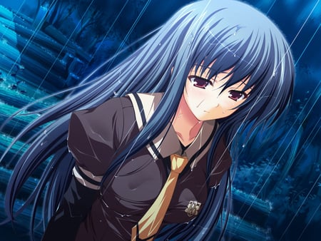 Rain - anime, sad, blue hair, schooluniform, rain, girl