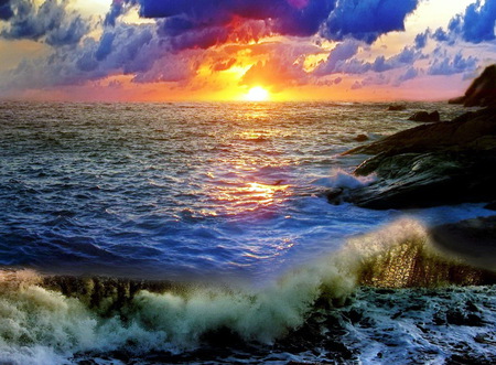 Wonderful sunset - ocean, sky, clouds, sun, sunset, sea, waves