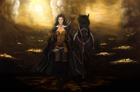 War Zone - abstract, warrior, girl, beauty, night, horse, fantasy, fire, wallpaper