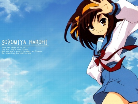 Suzumiya Haruhi - girl, female, hair ribbons, brown hair, suzumiya haruhi, school uniform, preety, cute, short hair