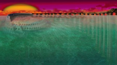 Rome is sinking - clouds, water, yellow, sea, ocean, orange, dream, cg, purple, columns, underwater, green, sun