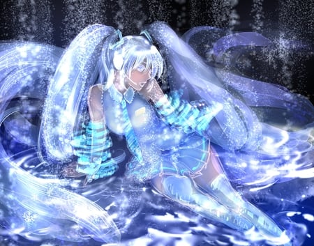 Yuki Miku - aqua, hot, headset, thighhighs, music, anime girl, white, art, cool, dark, digital art, artistic, sexy, skirt, light, song, snowflakes, vocaloids, program, glow, yuki miku, vocaloid, snow, uniform, diva, realistic, beuatiful, beauty, nice, cg art, water, twintail, singer, hatusne miku, black, virtual, pretty, idol, anime, miku, cute, stars, girl, winter, cg, shiny, hatsune, real, microphone, yuki, headphones, tie, awesome, digital