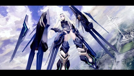 Cecilia Alcott - blue tears, sniper, sky, girl, infinite stratos, cecilia alcott, flying, clouds, city, anime, is, mecha