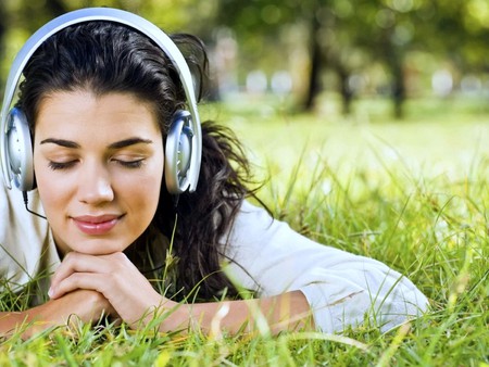 Music and nature - love, fun, girl, melody, park, music, spring, nature, face, headphones, grass