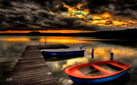 Sunset - boat, landscape, island, earth, reflection, view, twilight, lake, sky, storm, clouds, trees, personal, water, beautiful, mirrored, stormy, beauty, colors, lovely, dock, pier, boats, colorful, river, nature, sunset, dusk