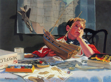 Daydreams - building, daydreaming, paints, airplane, book, chair, ship, flag, boy, table, map